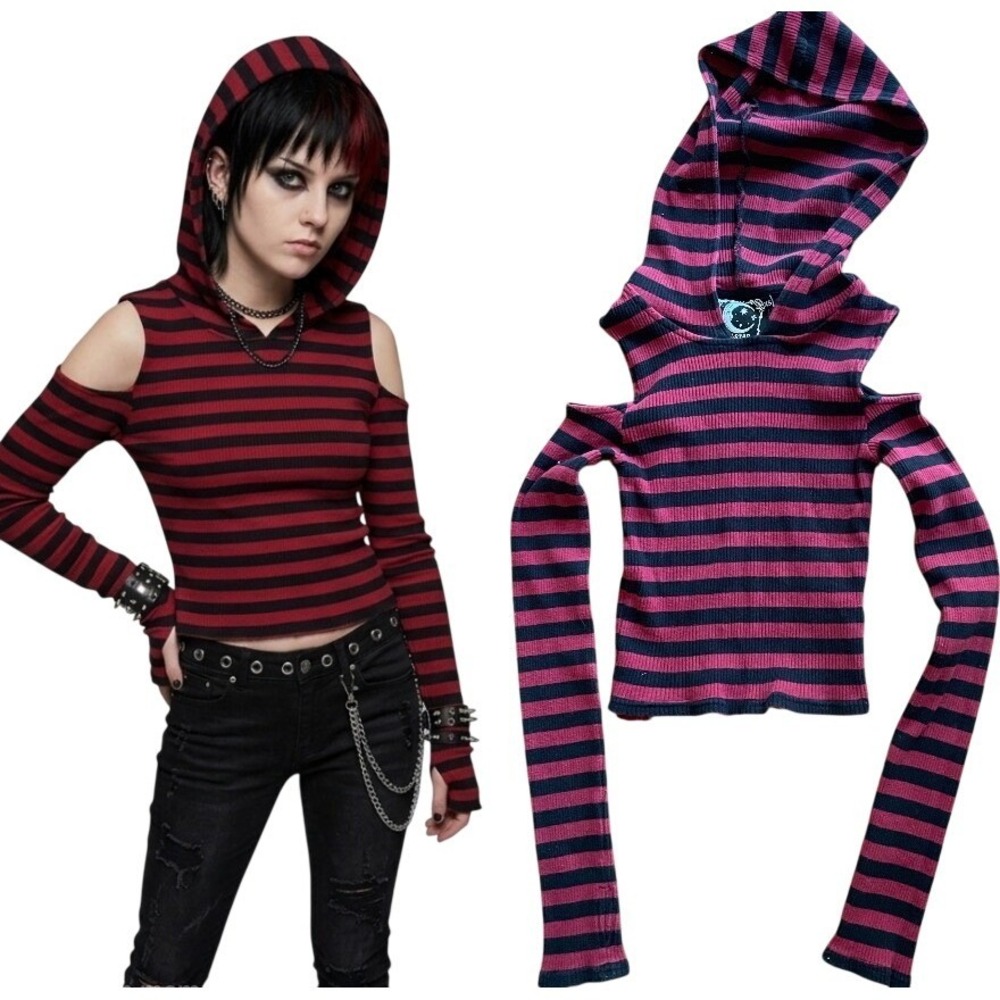 Killstar Red Black Stripe Cut Out Shoulder Hooded Ribbed Top XS Avril Emo Scene